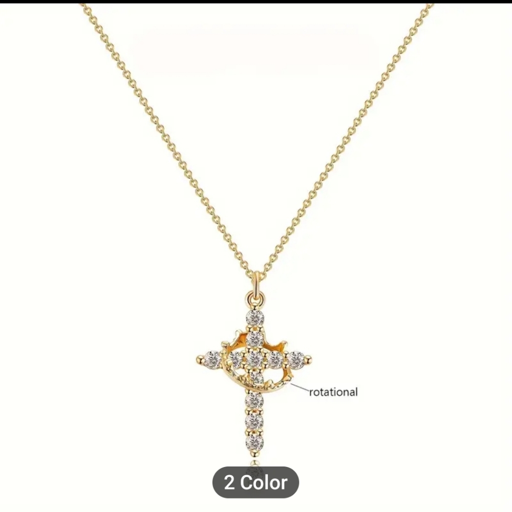 New Golden Cross with Rhinestones and Gold crown Necklace